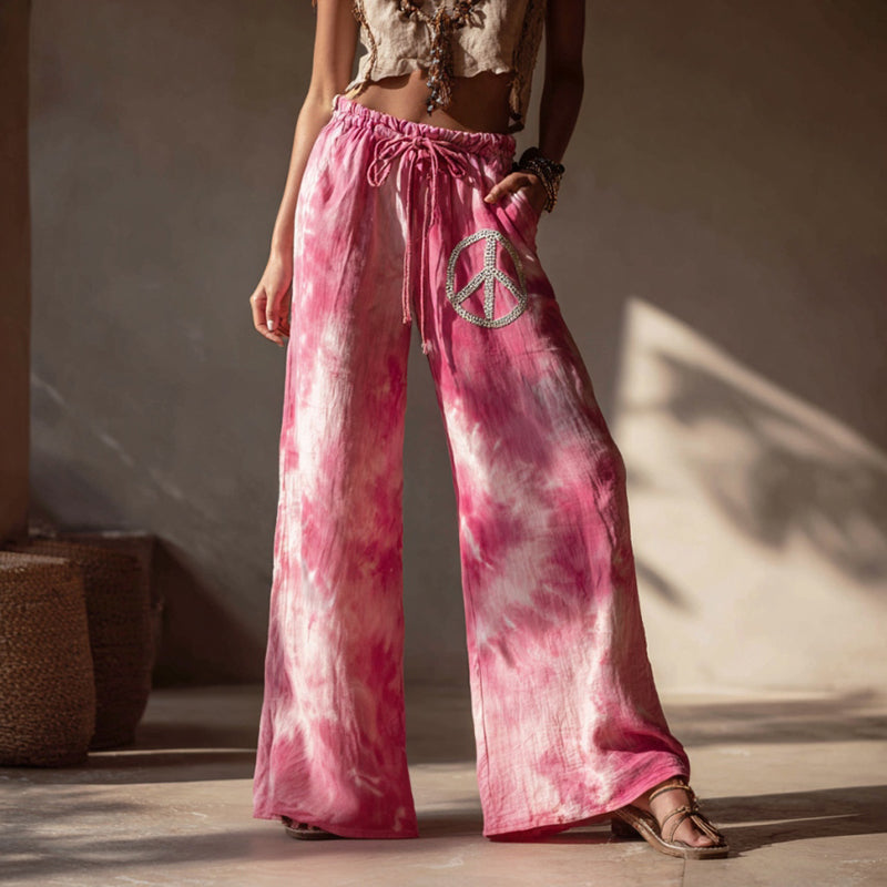Women's Vintage Hippie Tie-dye Peace Print Casual Pants