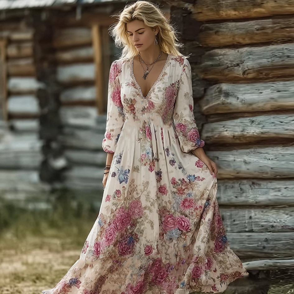 Bohemian Style Floral Butterfly Pattern Women's V-neck Dress
