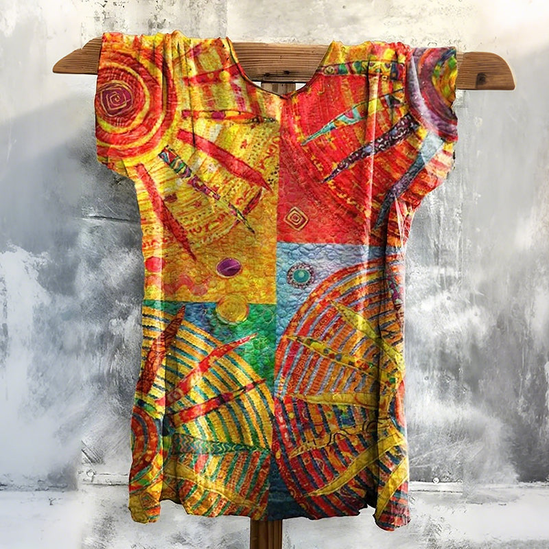 Women's Bohemian Style Sun Patchwork Art Print Casual T-shirt