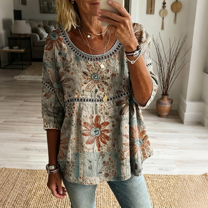 Women's Bohemian Vintage Floral Art Print Flowy Linen Blend Casual Tops