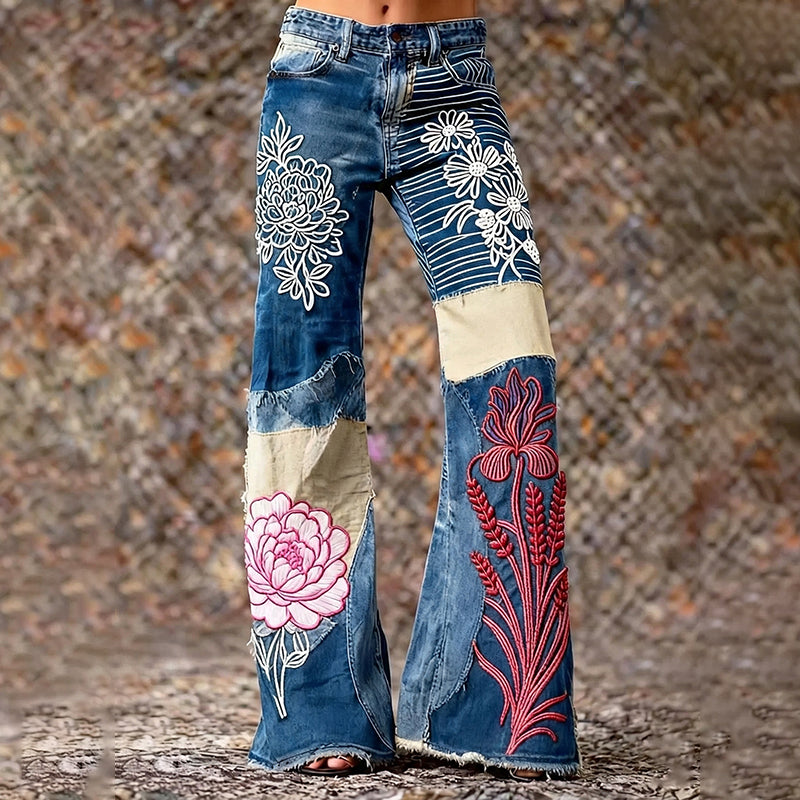 Women's Bohemian Style Patchwork Floral Patchwork Art Jeans