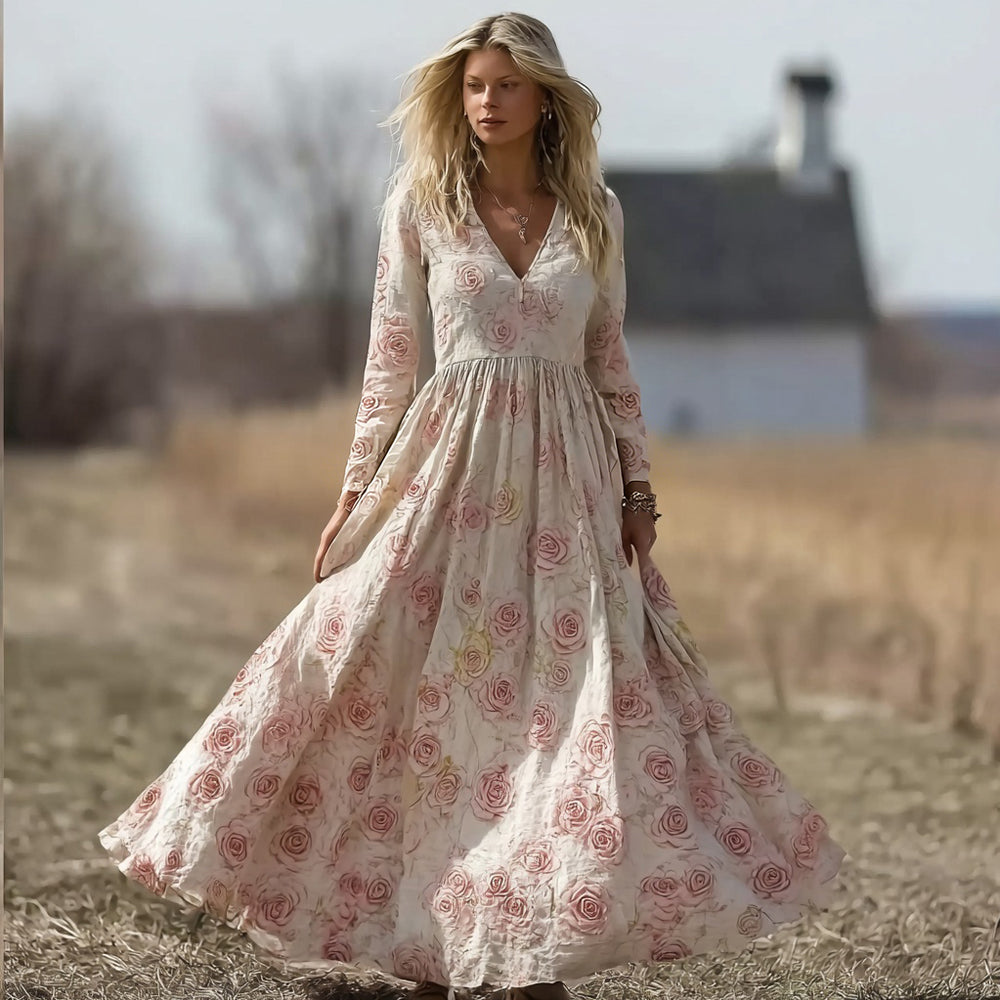 Vintage Boho Roses Pattern Comfy Linen Maxi Dress