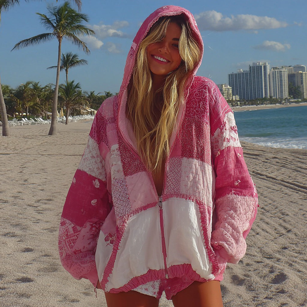 Women's Pink Geometric Pattern Casual Zip-up Hooded Sweatshirt