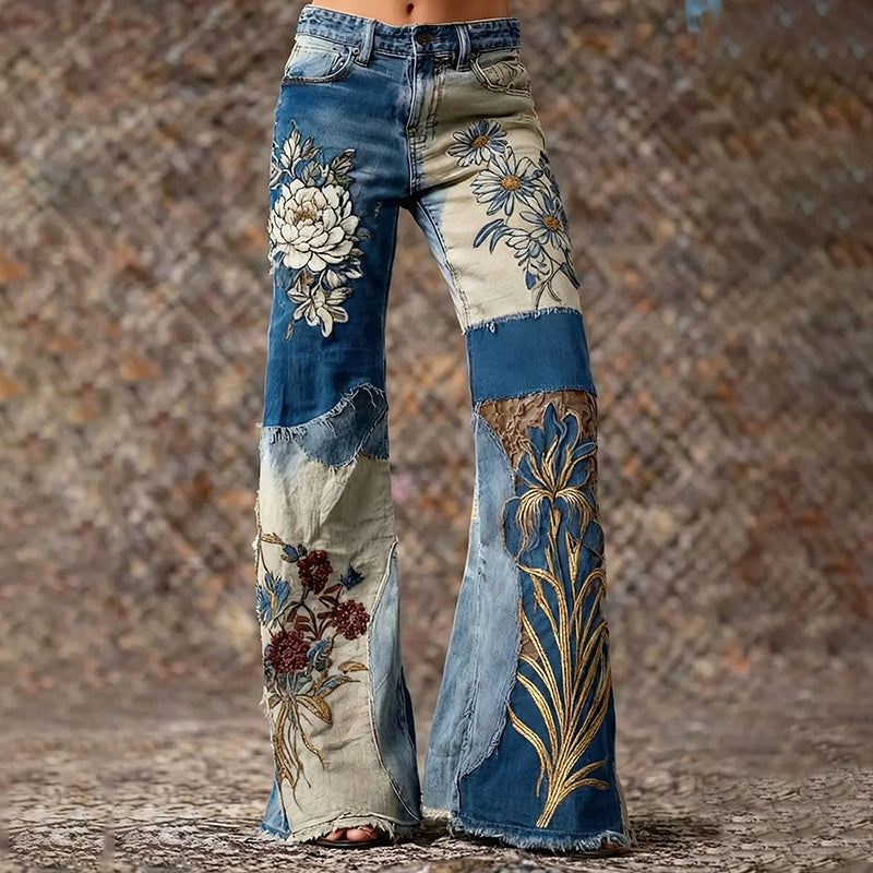 Women's Bohemian Style Floral Patchwork Art Jeans