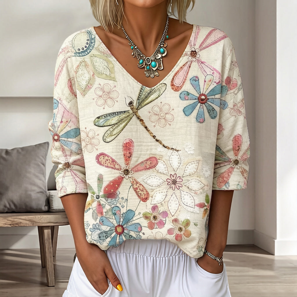 Women's Vintage Floral In Gradient Art Print Flowy Linen Blend  Three-quarter Sleeve V Neck Linen Tops
