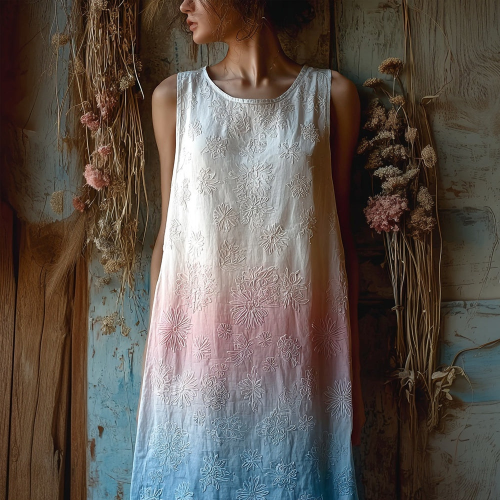 Vintage Trans Flag Color Gradient Floral Linen Midi Dress