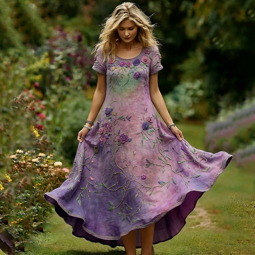 Women's Vintage Purple Rose Gradient Pattern Casual Dress
