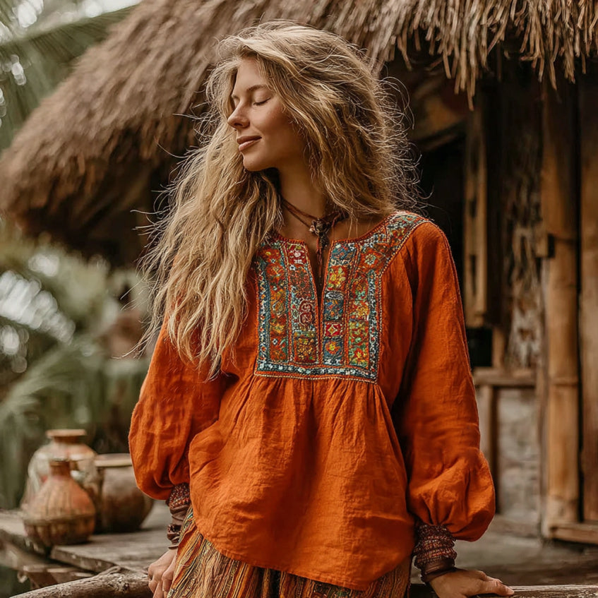Women's Vintage Vacation Boho Tribal Ethnic Print Round-neck Linen Blend Tops