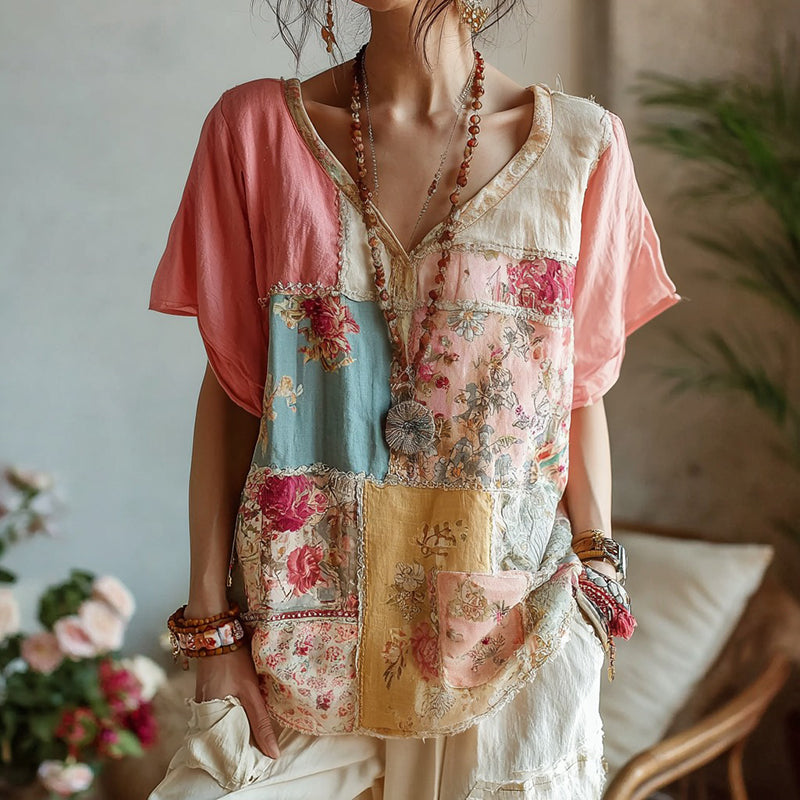 Women's Bohemian Patchwork Floral V-neck T-shirt