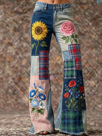 Women's Bohemian Style Floral Sunflower Patchwork Art Jeans