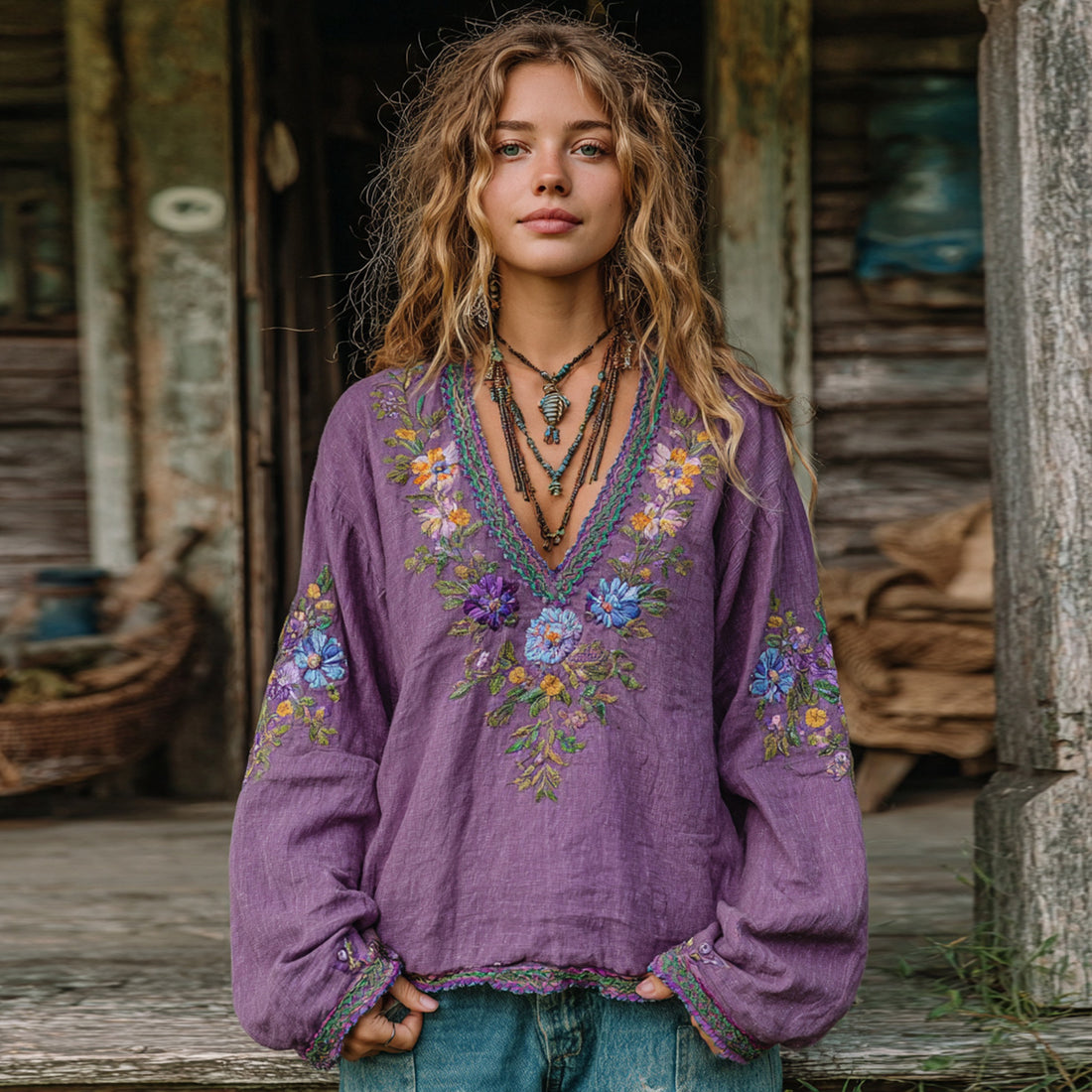 Women's Vintage Floral Embroidered Art Linen Loose Blouses