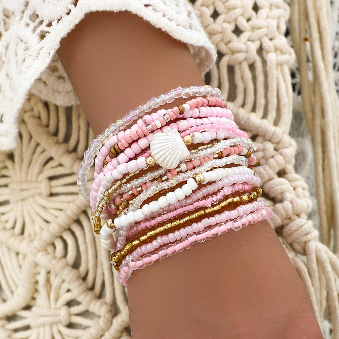 Boho Colorful Beaded Multi-layer Rice Bead Shell 17-piece Bracelet Set