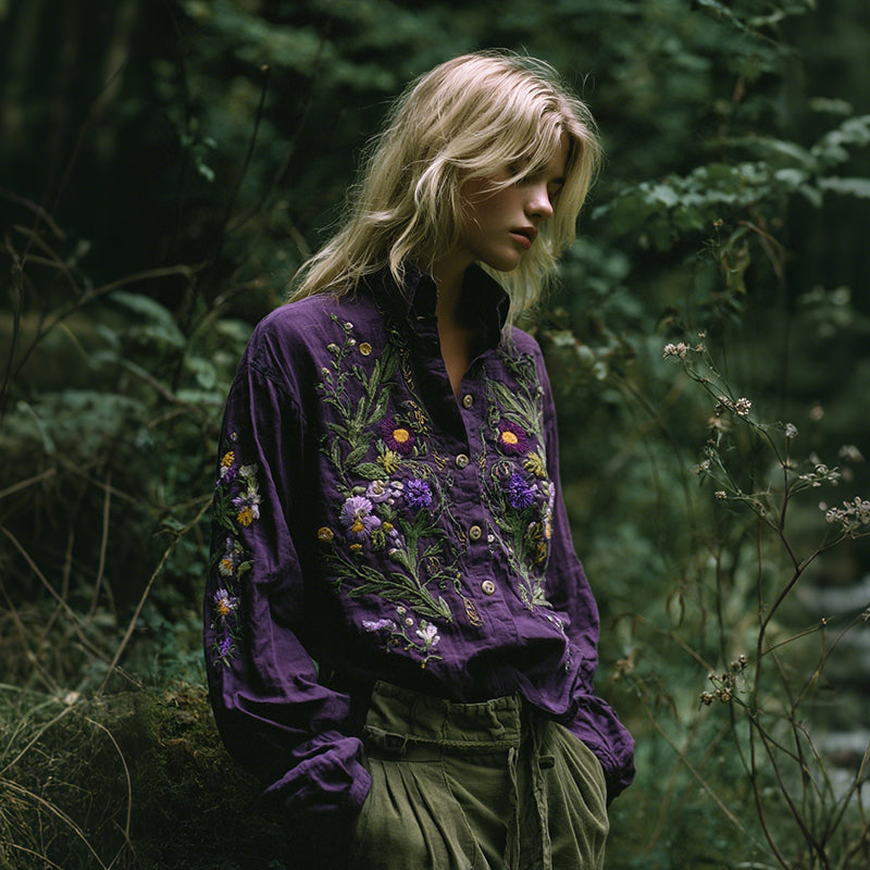 Women's Vintage Floral Art Linen Blend Shirts