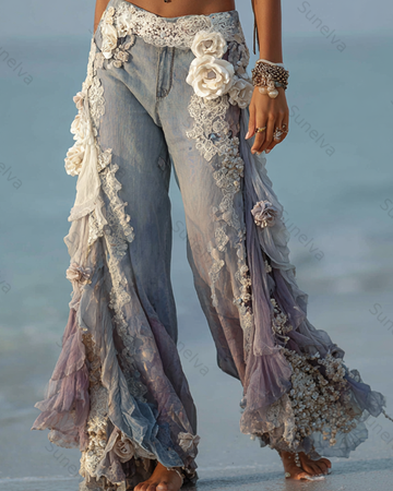 Women's Outdoor Fashion Floral Embroidery Color Block Gradient Denim Linen Pants 3941