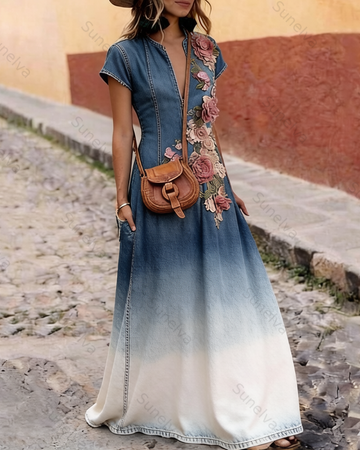 Women's Vacation Irregular Ruffle Flowers Embroidery Patchwork Dress 2715