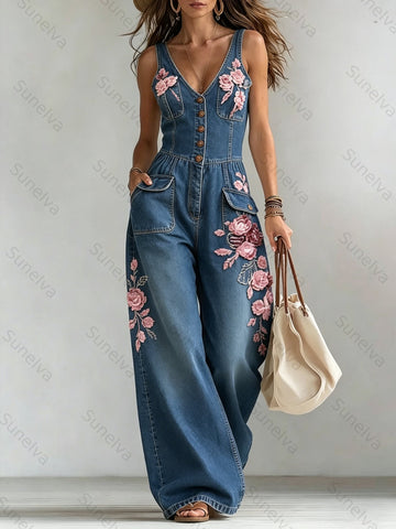 Women's Washed Denim Loose-Fit Sleeveless Jumpsuit with Straps  2483