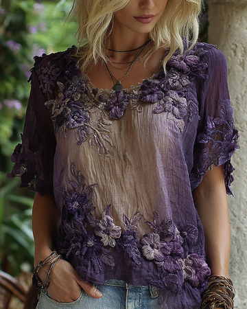 Women's Fashionable Floral Embroidered Asymmetrical Top 8495