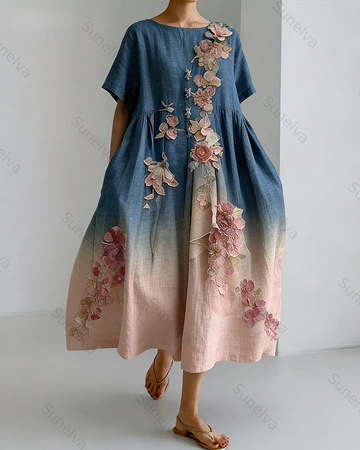 Women's Vacation Gradient Irregular Flowers Embroidery Linen Dress 7006