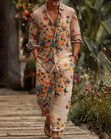 Men's Fashion Color-Blocked Print Long-Sleeve Shirt and Pants Two-Piece Set 3549