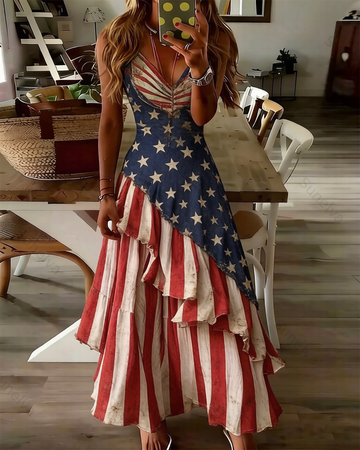 Women's Retro Elegant American Flag Themed Ruffled Linen Dress 1177
