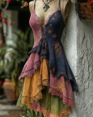 Women's Summer Boho-Chic Asymmetrical Ruffled Star and Moon Embroidered Dress 4321