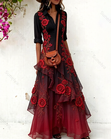 Women's vintage elegant red Friday red rose embroidered ruffled patchwork linen dress  8660