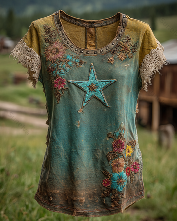 Spring/Summer Bohemian Style Color-Blocked Denim Linen Top4212