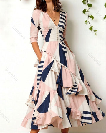 Women's Retro Elegant Abstract Geometric Print Irregular Ruffle Patchwork Linen Dress 9184