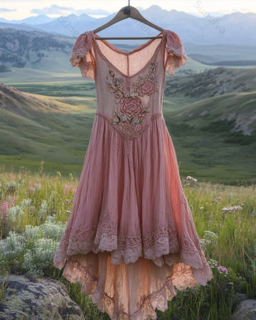 Women's Summer Floral Embroidered Patchwork Linen Dress 7413