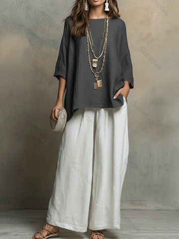 Cozy Cotton-linen Irregular Top And Wide-leg Pants Two-piece Set 95ff