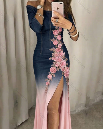 Women's Elegant Gradient Floral Embroidered Denim  Dress 2990