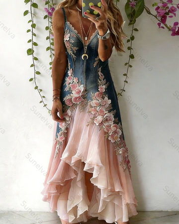 Women's Elegant Gradient Floral Embroidered Denim Dress 3442