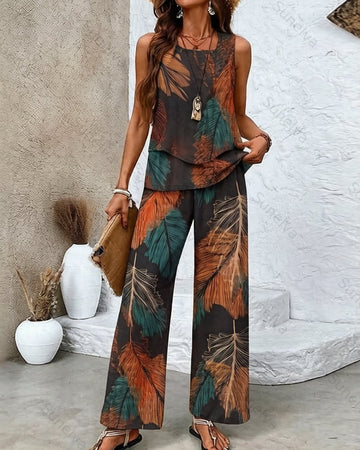 Women's Summer Vacation Retro Leaf Print Linen Sleeveless Top & Pants Two-Piece Set 6230