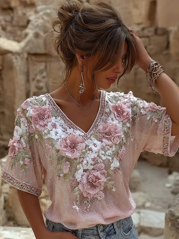 Women's Vintage Roses Embroidered Art V-neck Short Sleeved T-shirt a5ec