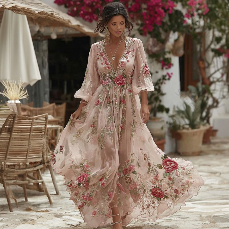 Women's Vintage Floral Embroidered Linen Blend Dress 1d45