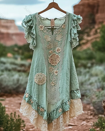 Women's Summer Floral Embroidered Patchwork Linen Blouse 4359