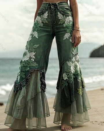 Summer vacation handmade floral embroidered denim patchwork linen pants 2788