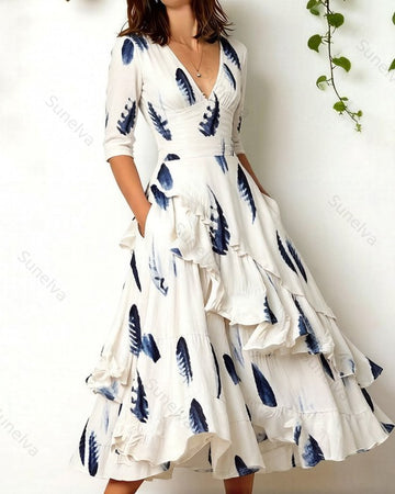 Women's elegant irregular ruffled linen patchwork dress 4623