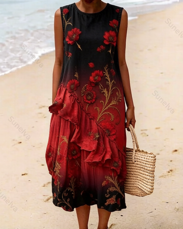 Women's vintage elegant red Friday red rose embroidered ruffled patchwork linen dress  4213