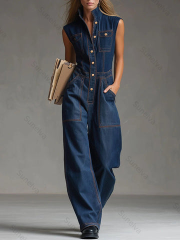 Women's Casual Sleeveless Cotton Denim Jumpsuit ab46