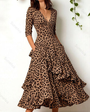 Women's Retro Elegant Leopard Print Irregular Ruffle Linen Patchwork Dress 6703