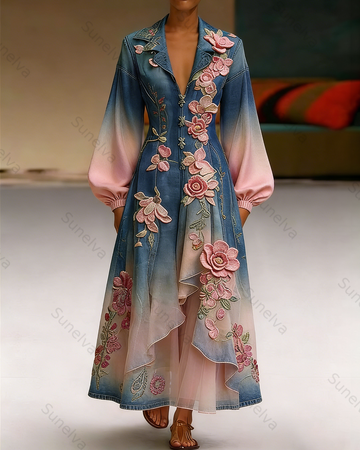 Women's Vacation Irregular Ruffle Flowers Embroidery Denim Dress 5897