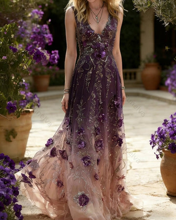 Women's Summer Elegant Floral Embroidery Rhinestone Gradient Linen Sundress  2785