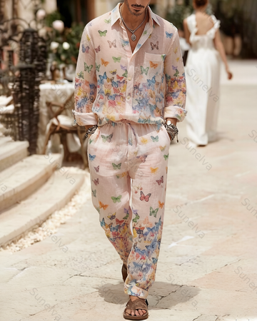 Men's Fashion Color-Blocked Print Long-Sleeve Shirt and Pants Two-Piece Set 4170