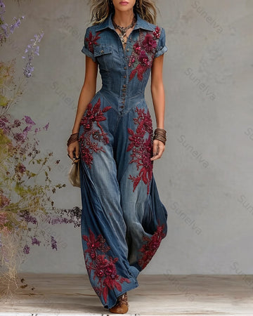 Women's Summer Vacation Floral Beaded Embroidered Jumpsuit 8607
