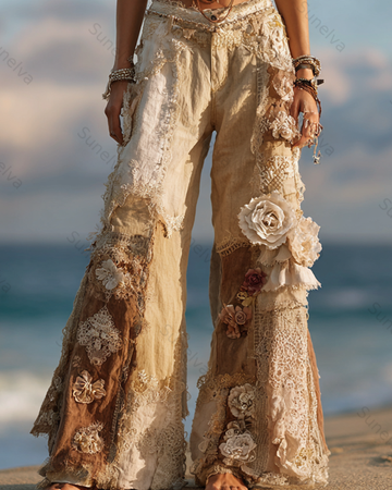 Women's Outdoor Fashion Floral Embroidery Color Block Gradient Denim Linen Pants 4376