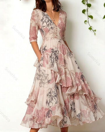Women's Retro Elegant Floral Print Irregular Ruffle Patchwork Linen Dress 1338