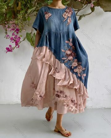Women's Summer Flowers Embroidery Irregular Ruffle Linen Patchwork Dress 5730