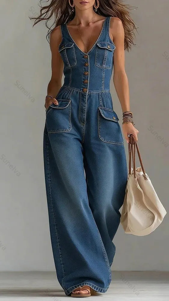 Women's Washed Denim Loose-Fit Sleeveless Jumpsuit with Straps 4379