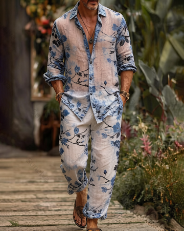 Men's Fashion Color-Blocked Print Long-Sleeve Shirt and Pants Two-Piece Set 7993